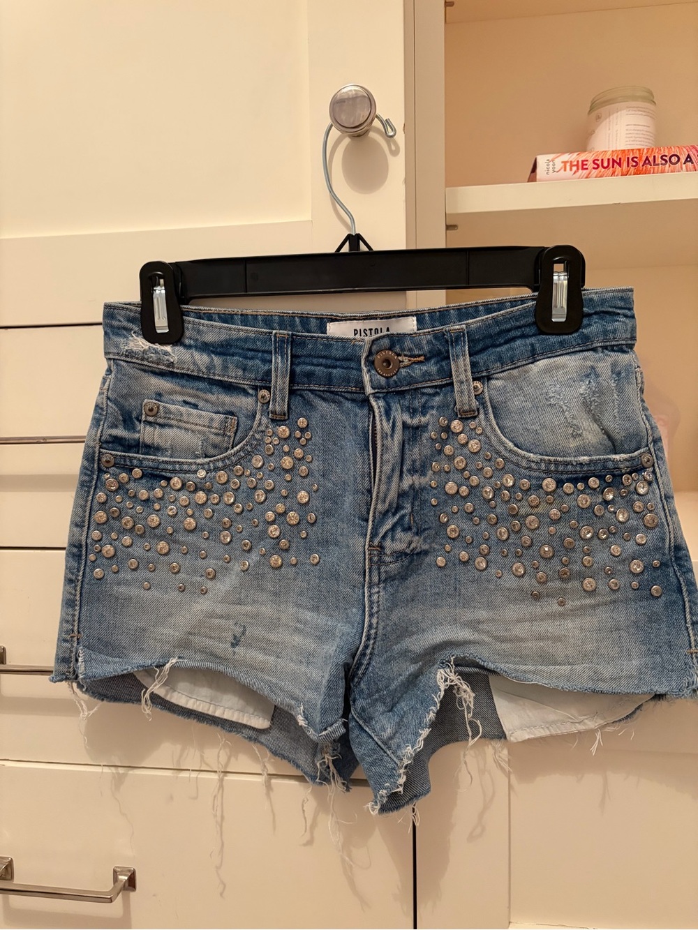 pistola Light Blue Studded Cutoff Denim Shorts
